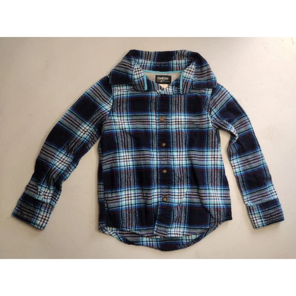 OshKosh Bgosh Boys‎ Blue Plaid Flannel Button Down Shirt Size 4-5 Cotton